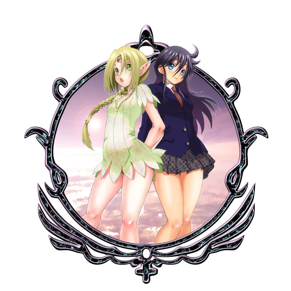 2girls, ahoge, aria_(tokiwa_kitareri!!), arms_behind_back, blazermate, blue_eyes, blue_hair, blush, braid, braided_ponytail, breasts, closed_mouth, collared_shirt, commentary_request, dress, elf, foot_out_of_frame, green_dress, green_hair, hair_between_eyes, jewelry, long_hair, looking_at_viewer, matsuena_shun, medium_breasts, miniskirt, multiple_girls, necktie, official_art, open_mouth, pleated_skirt, pointy_ears, school_uniform, shirt, short_dress, short_sleeves, side-by-side, sidelocks, skirt, small_breasts, smile, standing, thighs, tokiwa_kitareri!!, white_background, yaegaki_meguru_(tokiwa_kitareri!!)
