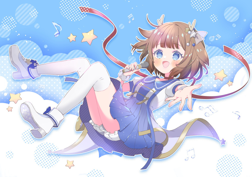 1girl, antlers, blue_background, blue_dress, blue_eyes, blush, brown_hair, chion_(yukina)