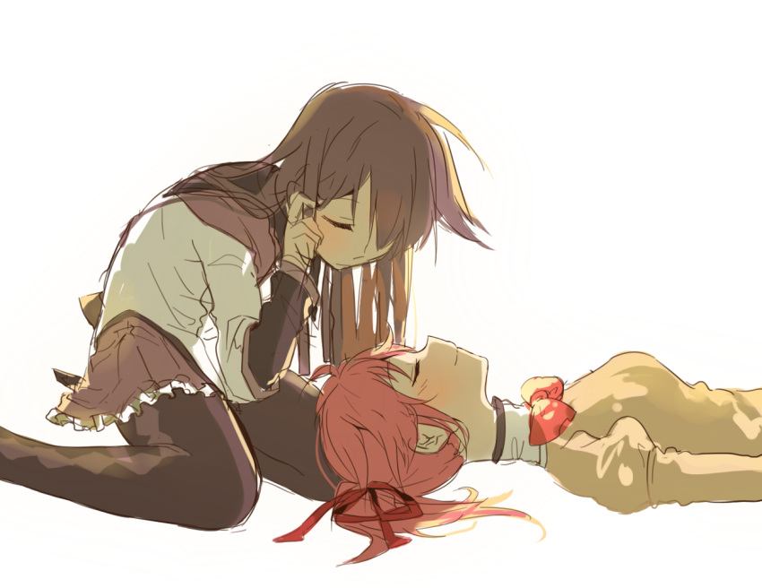 2girls, akemi_homura, akemi_homura_(magical_girl), argyle_clothes, argyle_pantyhose, black_hair, black_pantyhose, blush