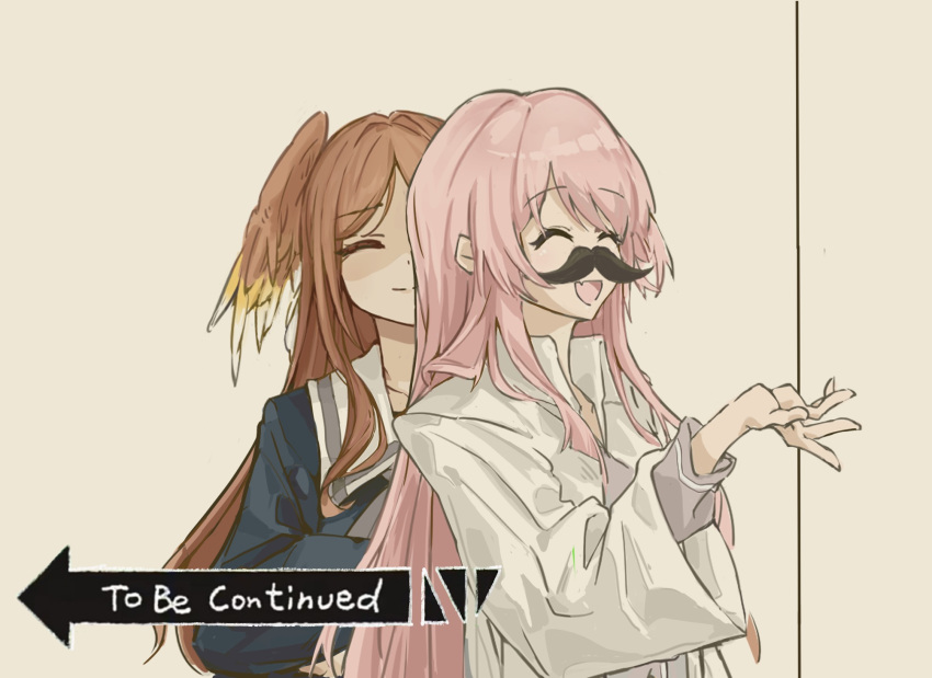 2girls, artist_request, bang_dream!, bang_dream!_it's_mygo!!!!!, blue_shirt, brown_hair, chihaya_anon, chinese_commentary, closed_eyes, closed_mouth, commentary_request, commission, fake_facial_hair, fake_mustache, grey_jacket, haneoka_school_uniform, head_wings, highres, impending_doom, jacket, lab_coat, long_hair, multiple_girls, nagasaki_soyo, pink_hair, school_uniform, second-party_source, shirt, to_be_continued, tsukinomori_school_uniform, wings