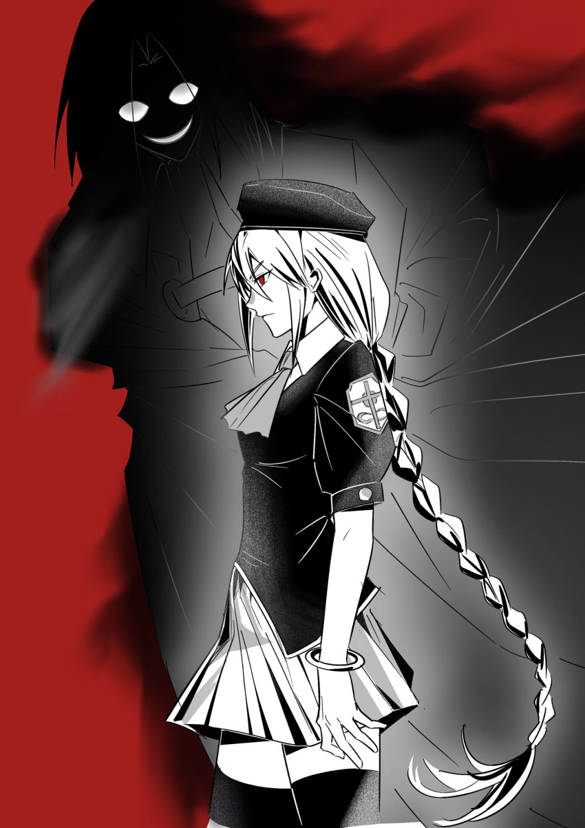 1boy, 1girl, ahalfsispoon, angry, ascot, beret, bracelet, braid, braided_ponytail, cape, commentary_request, curtained_hair, evil_smile, formal_clothes, from_side, hat, highres, jewelry, looking_to_the_side, medium_hair, melty_blood, monochrome, night_of_wallachia, plaid_clothes, plaid_skirt, red_eyes, shirt, sion_eltnam_(type-moon), sion_eltnam_atlasia, sion_tatari, skirt, smile, standing, thigh-highs, tsukihime, vampire, zettai_ryouiki