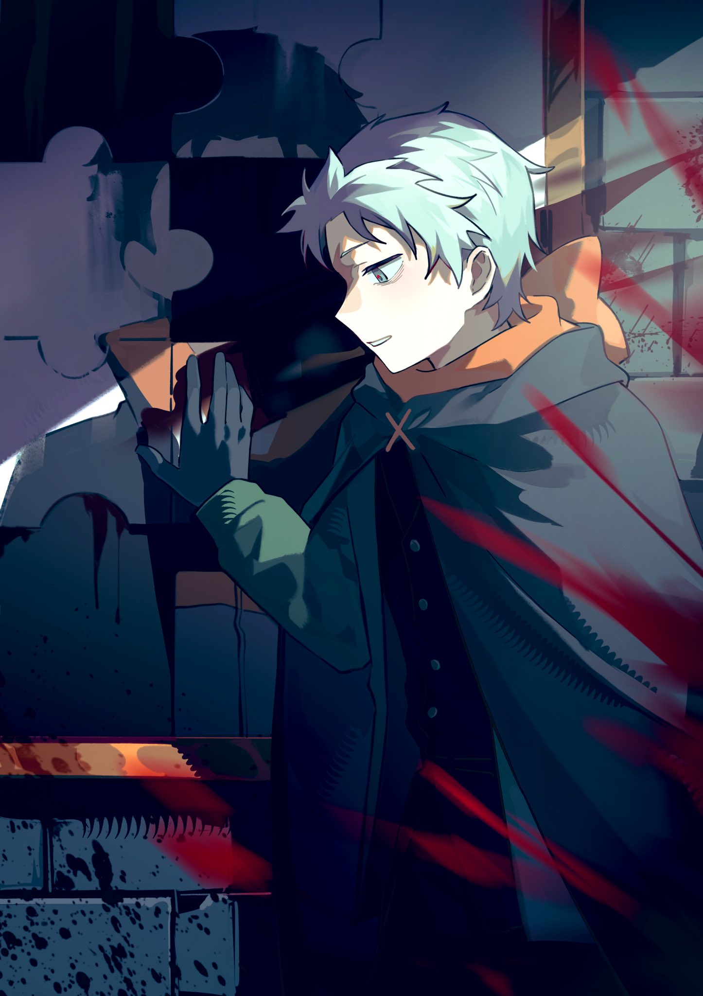 1boy, black_hair, blood, blood_splatter, commentary_request, gloves, hair_slicked_back, highres, jacket, jigsaw_puzzle, long_sleeves, mingbuliaomu, natsuki_subaru, official_alternate_hairstyle, open_mouth, orange_scarf, puzzle, re:zero_kara_hajimeru_isekai_seikatsu, re:zero_kara_tsugihagu_isekai_seikatsu, scar, scar_on_face, scarf, short_hair, single_glove, smile, stone_wall, track_jacket