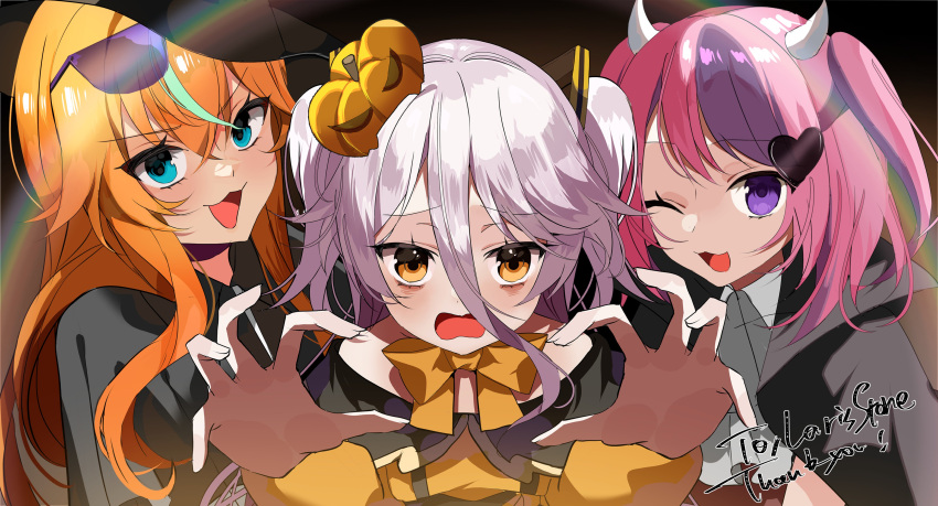 3girls, absurdres, arielle_(vtuber), black_coat, blonde_hair, blue_eyes, coat, commentary