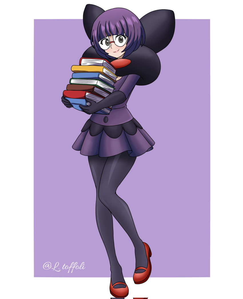 1girl, black_gloves, black_pantyhose, black_shawl, blunt_bangs, book, book_stack, bowl_cut, elbow_gloves, glasses, gloves, grey_eyes, highres, holding, holding_book, knees_together_feet_apart, l_toffoli, looking_at_viewer, mary_janes, miniskirt, outside_border, pantyhose, pokemon, pokemon_black_and_white, purple_background, purple_hair, purple_shirt, purple_skirt, red_shoes, shauntal_(pokemon), shawl, shirt, shoes, short_hair, skirt, smile, solo, twitter_username