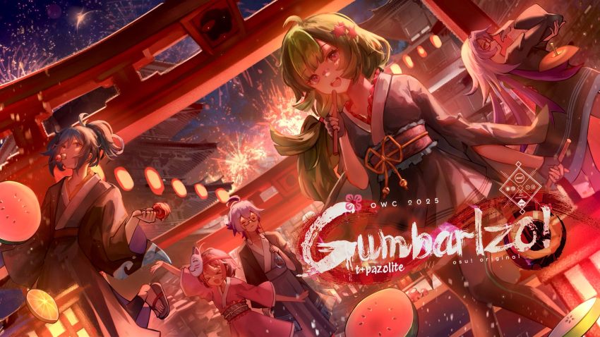 >_<, 2boys, 3girls, :d, aerial_fireworks, bag, black_gloves, black_hair