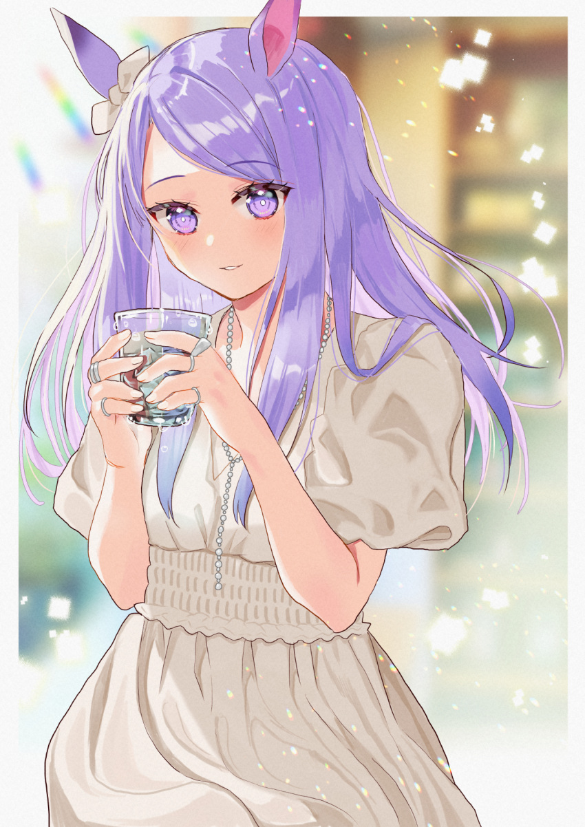 1girl, alternate_costume, animal_ears, blush, bow, commentary_request, cup, dress