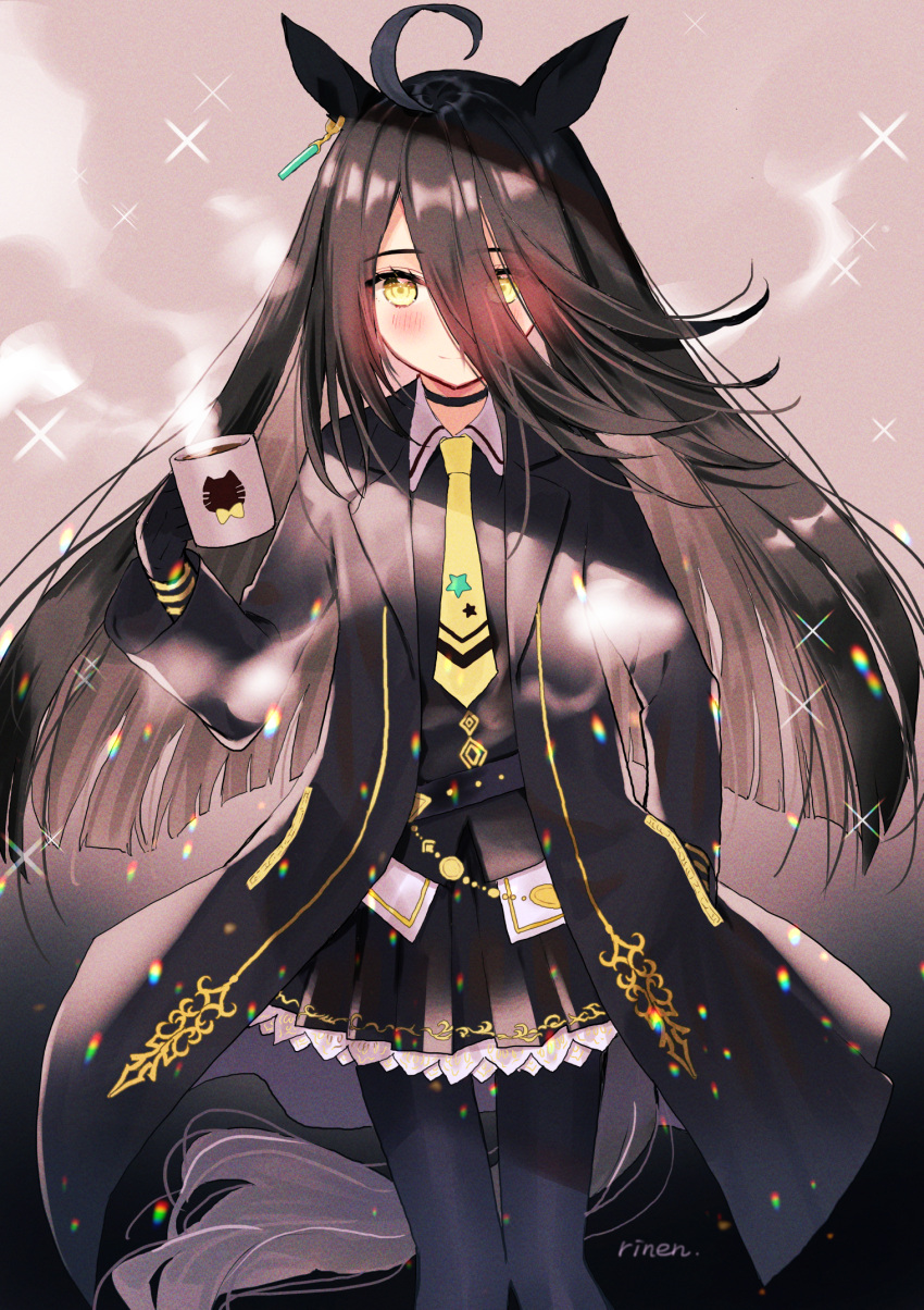 1girl, ahoge, animal_ears, black_choker, black_coat, black_gloves, black_hair, black_pantyhose