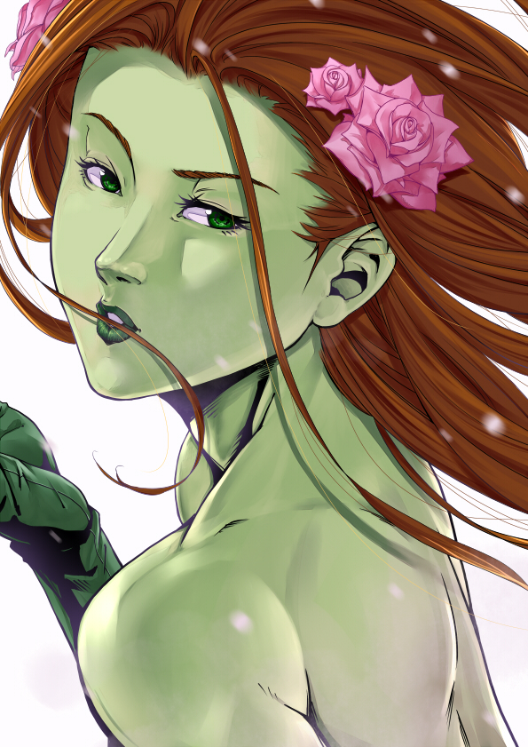 bad_id, bare_shoulders, batman_(series), brown_hair, dc_comics, female, flower, gloves, green_eyes, green_lips, green_skin, hair_flower, hair_in_mouth, hair_ornament, himegami_shino, long_hair, orange_hair, poison_ivy, raykon, rose, shino_himegami, solo
