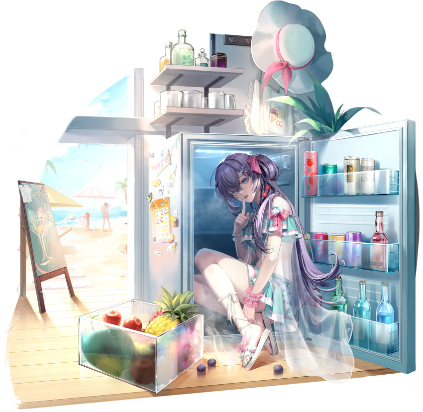 3girls, apple, apron, aqua_bikini, aqua_nails, artist_request, beach, bikini