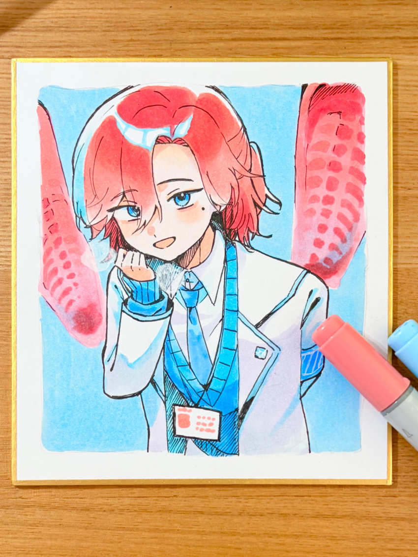 1boy, :d, arm_behind_back, armband, art_tools_in_frame, blue_armband, blue_eyes, blue_necktie