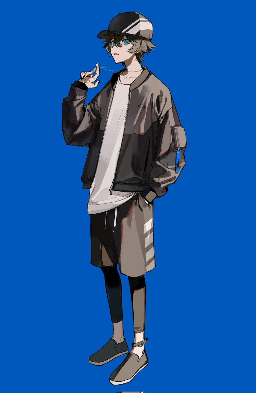 1boy, adjusting_necklace, axia_krone, axia_krone_(2nd_costume), baseball_cap, black_hair, black_jacket, black_leggings