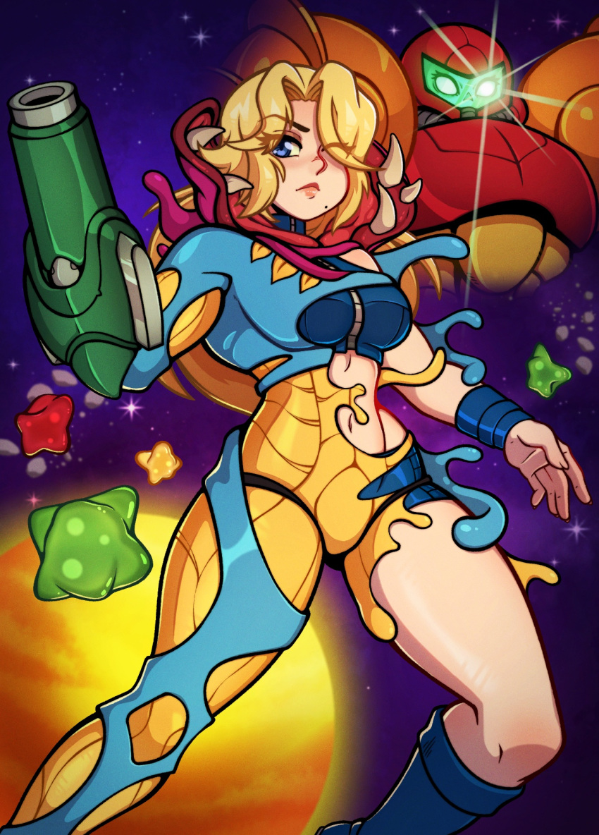 1girl, 1other, arm_cannon, blonde_hair, blue_eyes, boots, breasts, commentary