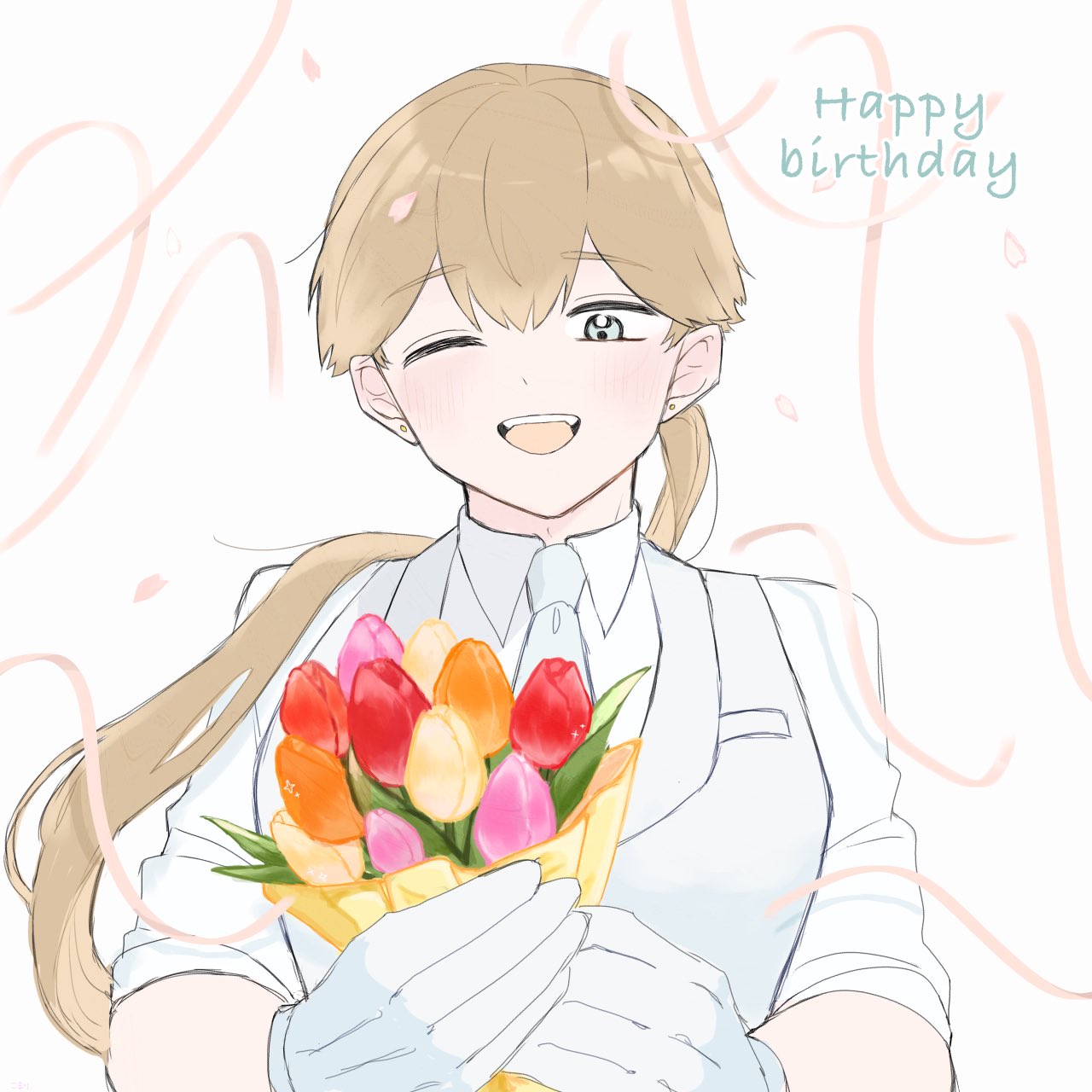 1boy, :d, ;d, amano_mashiro, blue_eyes, blush, bouquet, brown_hair
