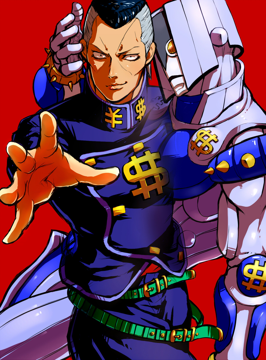 belt, black_hair, bracelet, gakuran, grey_hair, highres, jewelry, jojo_no_kimyou_na_bouken, male, mugi_(mugi24), multicolored_hair, multiple_boys, nijimura_okuyasu, outstretched_hand, pompadour, scar, school_uniform, smirk, spiked_bracelet, spikes, stand_(jojo), the_hand_(stand), two-tone_hair