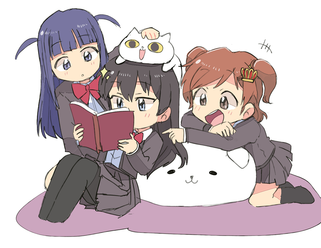 3girls, aijo_karen, black_hair, black_pantyhose, black_socks, blue_eyes, book, bow