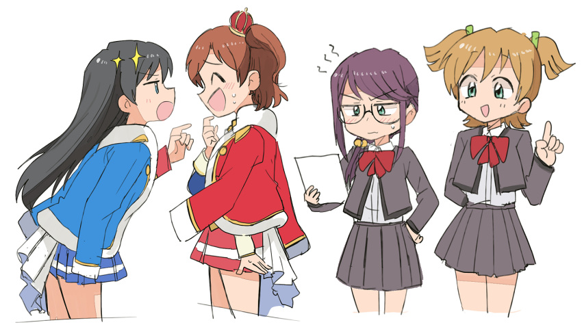 4girls, ^_^, aijo_karen, arm_behind_back, black_hair, blonde_hair, blue_skirt, bow