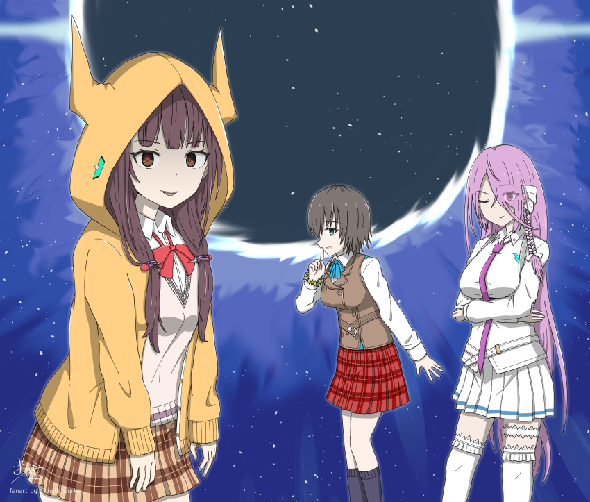 3girls, absurdres, aoi_erika, arms_under_breasts, asakura_karen_(heaven_burns_red), black_hair, blue_eyes, bow