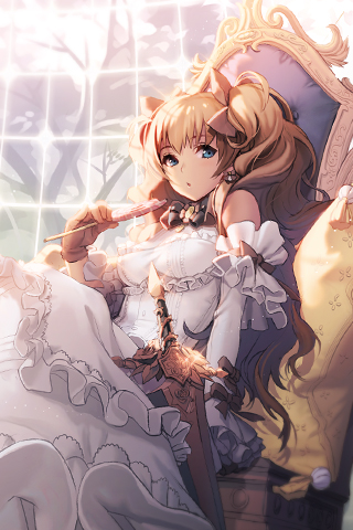 brown_hair, candy, dress, frills, gathers, hair_ribbon, isfeldt, kkuem