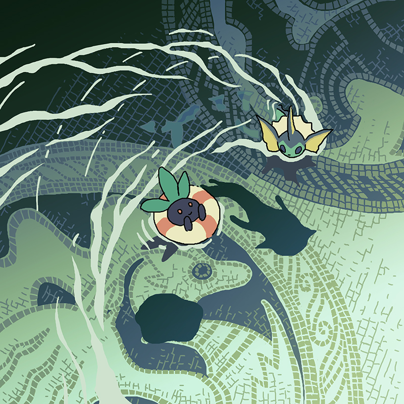 full_body, innertube, mosaic_pattern, no_humans, oddish, pokemon, pokemon_(creature), pool