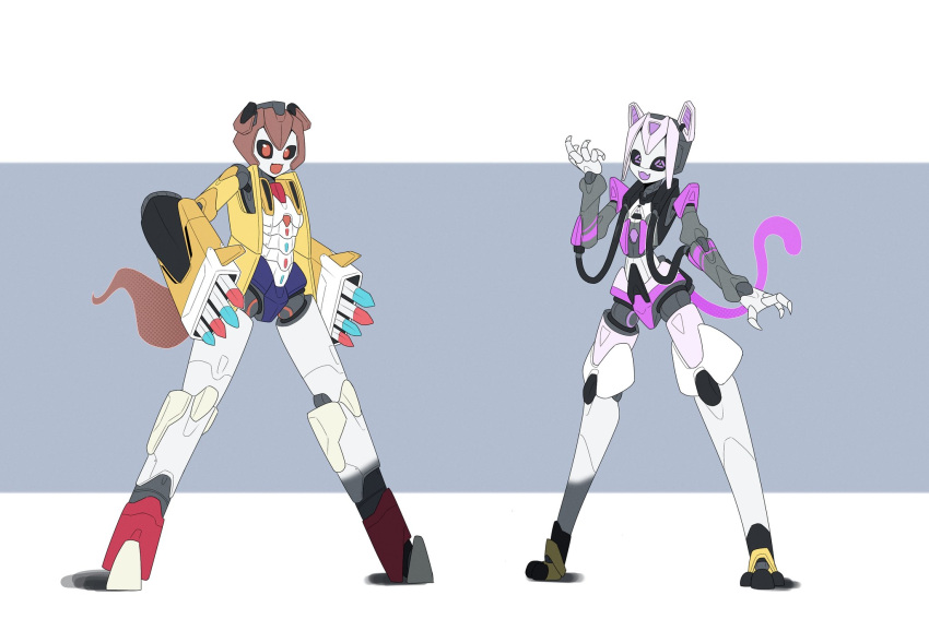 2girls, :d, arm_at_side, arm_cannon, arm_up, arms_at_sides, black_sclera, brown_eyes