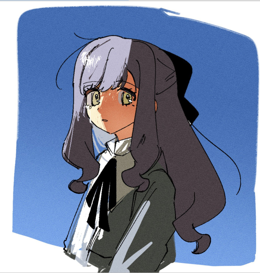 1girl, blue_hair, blue_shirt, crying, crying_with_eyes_open, half_updo, highres, ingoagame, jougasaki_suzuran, long_hair, open_mouth, shirt, solo, tayutau_koi_no_chirigiwa_ni, tears, upper_body, yellow_eyes