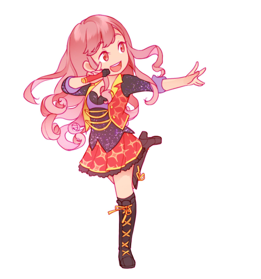 1girl, :d, black_boots, boots, commentary, english_commentary, frilled_skirt, frills