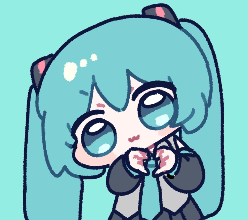 1girl, :3, black_skirt, blue_background, blue_eyes, blue_hair, commentary_request, grey_shirt