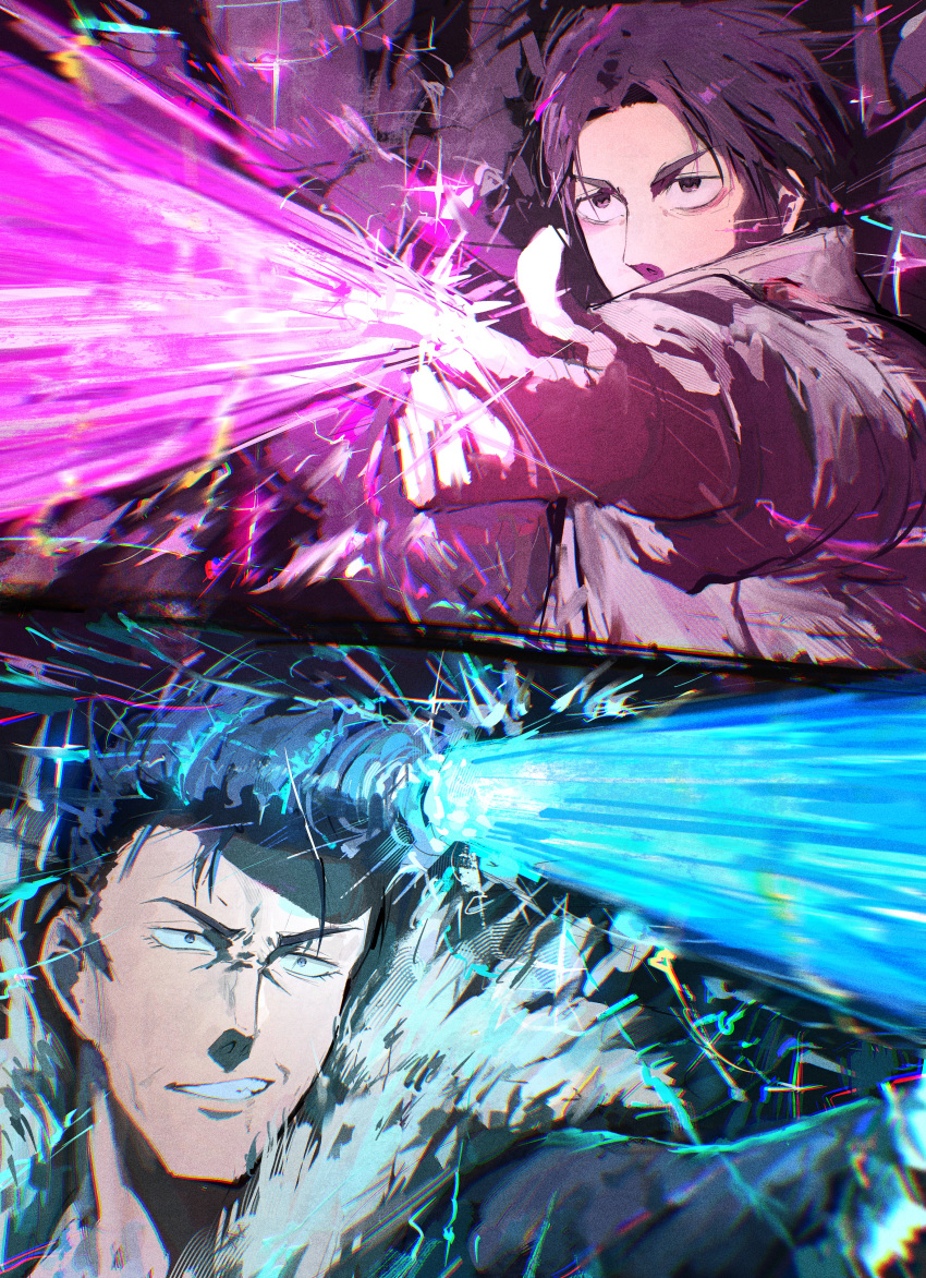 2boys, absurdres, bags_under_eyes, black_eyes, black_hair, coat, commentary_request, cursed_energy_(jujutsu_kaisen)