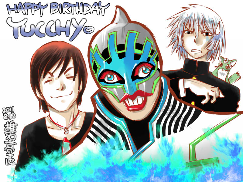 3boys, animal, birthday, blue_fire, blue_flame, crossover, face, fire