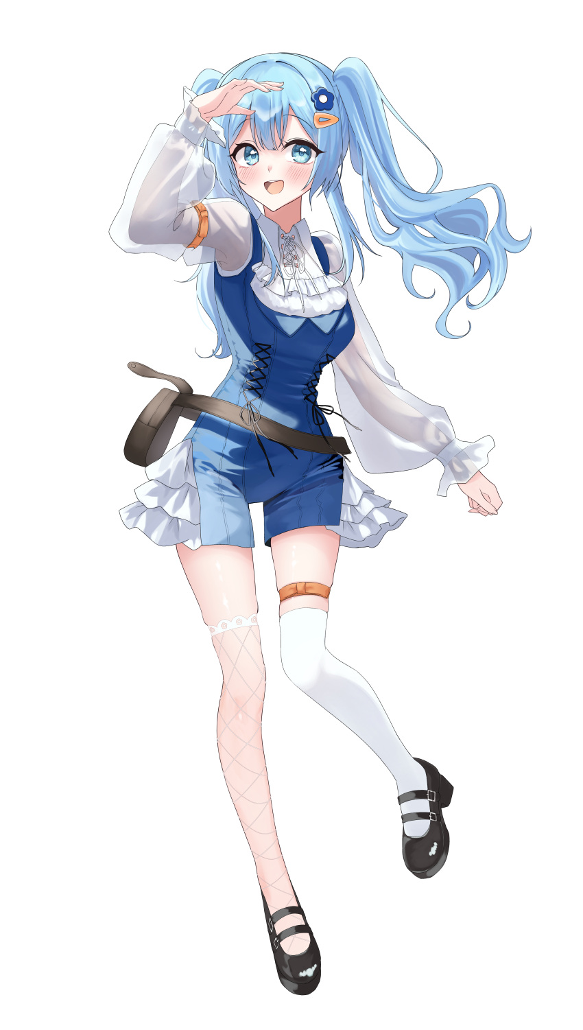 1girl, absurdres, aol_lo_a, arahashi_tabi, arm_at_side, asymmetrical_legwear, black_shoes, blue_eyes