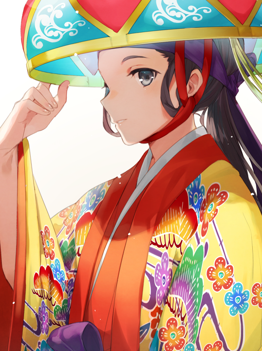 1girl, adjusting_clothes, adjusting_headwear, asahikawa_hiyori, bingata, black_hair, bow, eyelashes