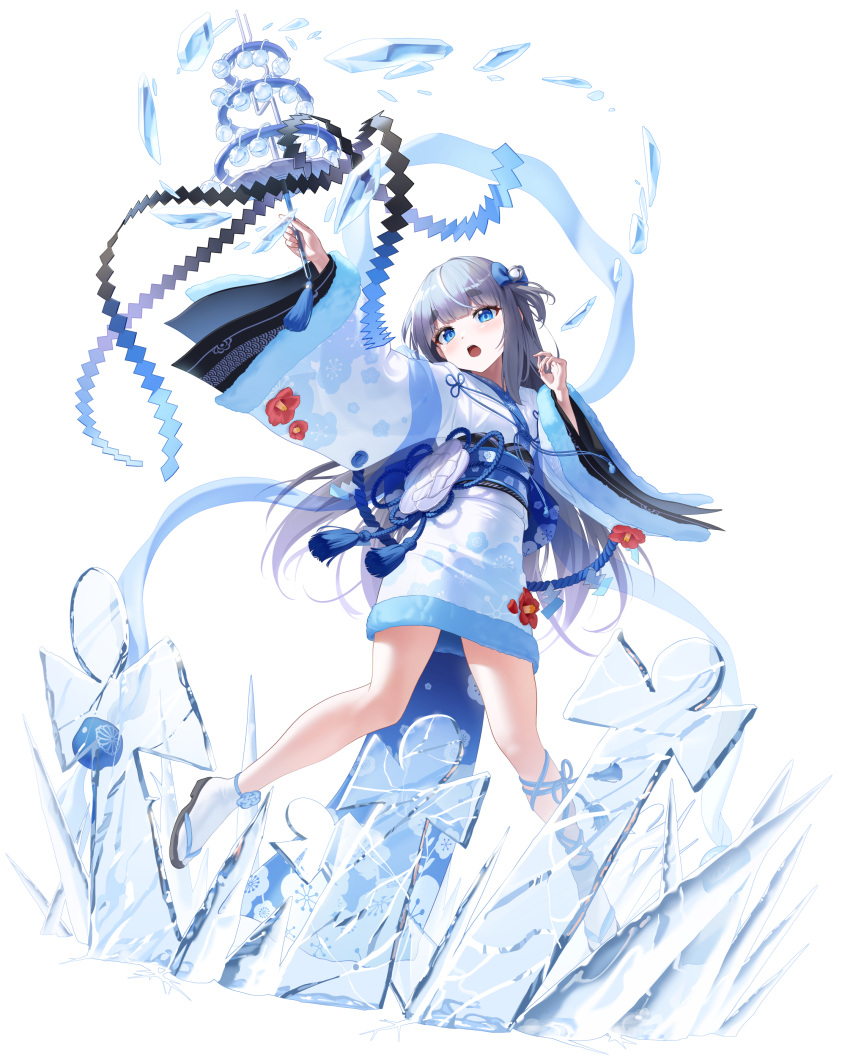 1girl, absurdres, bell, blue_eyes, blue_kimono, cryokinesis, floral_print, flower