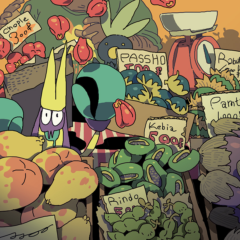 1boy, arm_hair, berry_(pokemon), chople_berry, crabrawler, dark-skinned_male, dark_skin, iapapa_berry, kitchen_scale, oddish, open_mouth, orange_background, pamtre_berry, passho_berry, pokemon, pokemon_(creature), rabuta_berry, rindo_berry, saboteri_(savot), weighing_scale