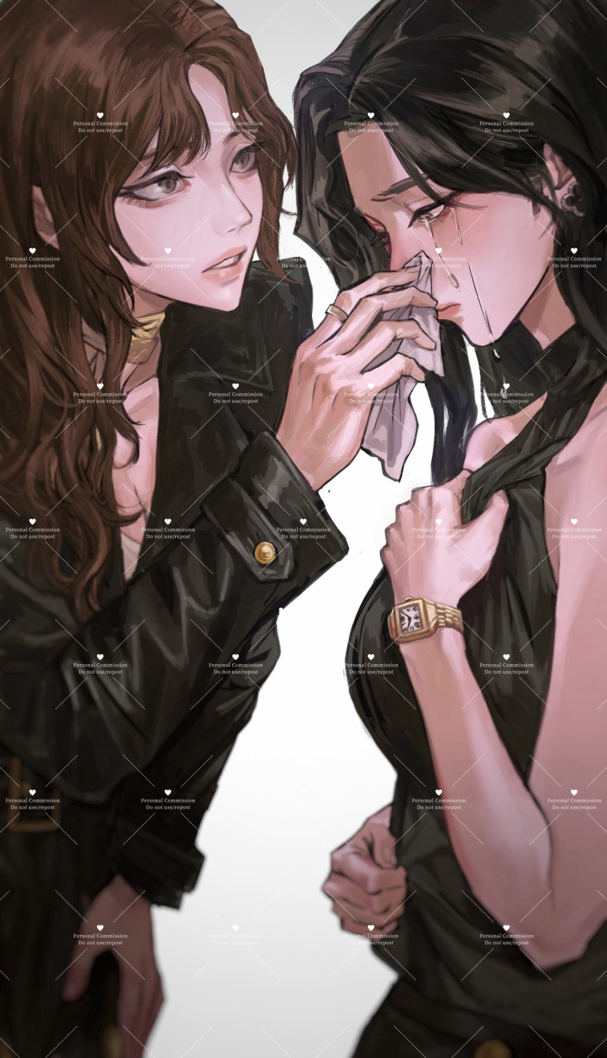 2girls, averting_eyes, belt_buckle, black_hair, black_jacket, black_shirt, breasts, brown_eyes