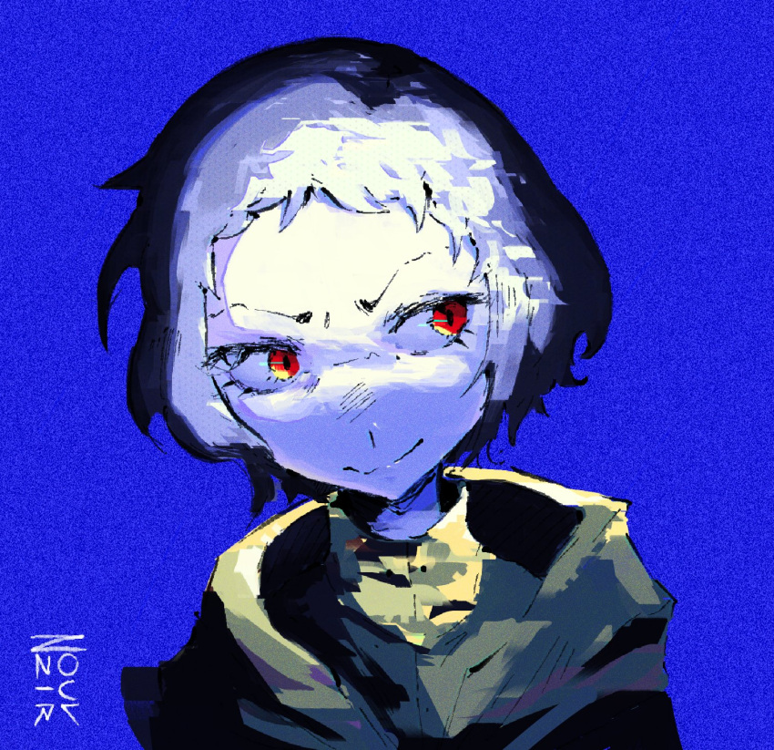 1girl, artist_name, bee_(in_the_grace_of_our_malice), blue_background, blue_theme, closed_mouth, commentary, commission
