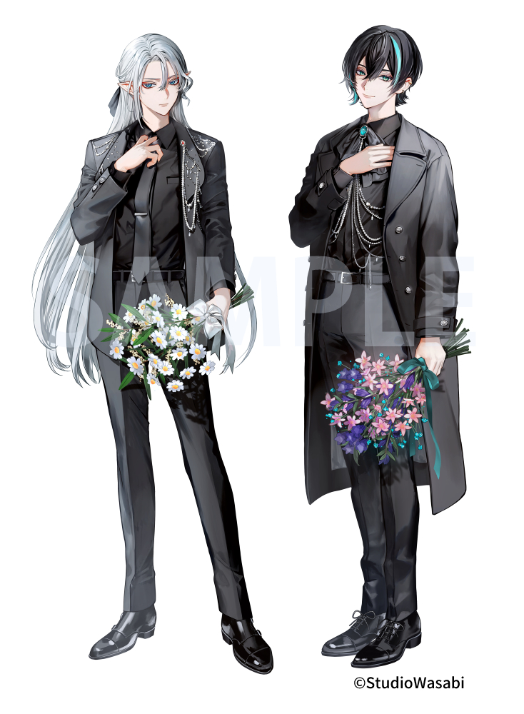 2boys, adjusting_clothes, adjusting_necktie, akuma_shitsuji_to_kuroi_neko, alternate_costume, aqua_gem, aqua_streaks, asymmetrical_sidelocks, bellen_cliane, bellflower, belt, belt_buckle, black_belt, black_coat, black_hair, black_jacket, black_necktie, black_pants, black_ribbon, black_shirt, black_shoes, black_suit, blue_eyes, blue_flower, body_chain, bouquet, brooch, buckle, chinese_bellflower, closed_mouth, coat, collared_shirt, copyright_notice, cross-laced_shoes, cuff_links, daisy_(flower), double-parted_bangs, dress_shoes, expressionless, eyeliner, flower, full_body, gem, green_eyes, hair_between_eyes, hair_ribbon, hand_on_own_chest, holding, holding_bouquet, ishizue_kachiru, jacket, jewelry, lapel_pin, lapels, long_hair, long_sleeves, looking_at_viewer, makeup, male_focus, monk_shoes, multicolored_hair, multiple_boys, neck_ribbon, necktie, notched_lapels, official_art, open_clothes, open_coat, open_jacket, pants, pink_flower, pointy_ears, purple_flower, red_eyeliner, ribbon, sample_watermark, shiro_(akuma_shitsuji_to_kuroi_neko), shirt, shoes, short_hair, side-by-side, sidelocks, simple_background, smile, standing, streaked_hair, suit, suit_jacket, suit_pants, tie_clip, very_long_hair, watermark, white_background, white_flower, white_hair