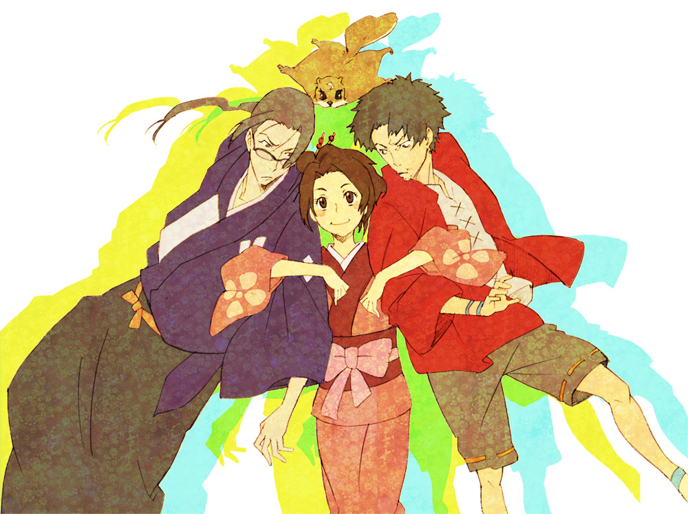 brown_eyes, brown_hair, fuu, glasses, japanese_clothes, jin, kimono, kuzu_(rkjn616), momo_(samurai_champloo), mugen, ponytail, samurai_champloo, smile, squirrel