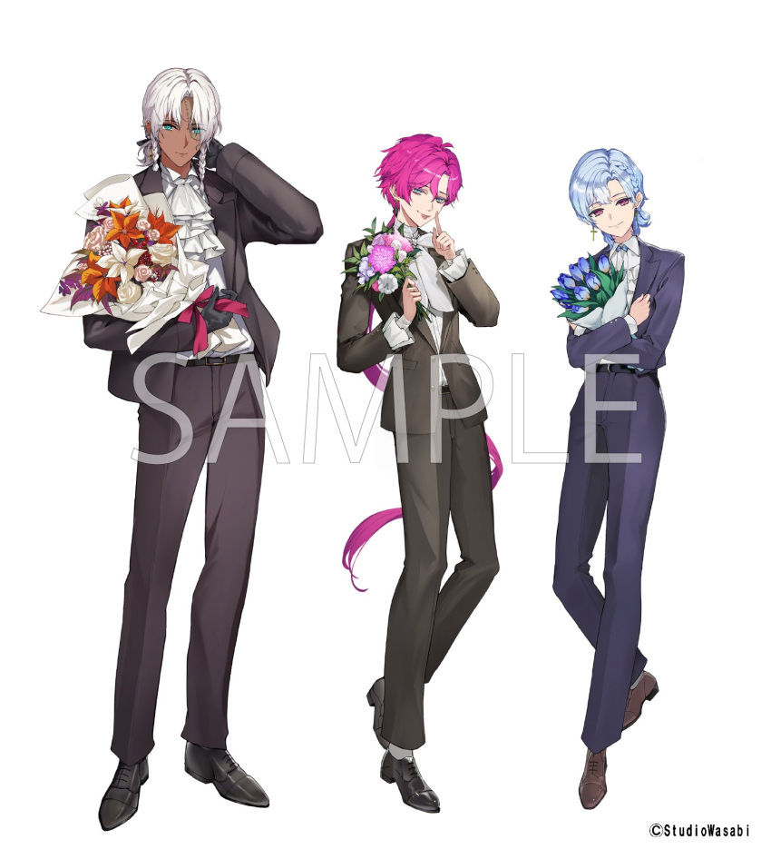 3boys, :p, akuma_shitsuji_to_kuroi_neko, alternate_costume, aqua_eyes, ascot, bandaged_arm, bandaged_neck, bandages, belt, black_belt, black_gloves, black_jacket, black_pants, black_shoes, black_suit, blue_bow, blue_bowtie, blue_eyes, blue_flower, blue_hair, blue_jacket, blue_pants, blue_suit, blue_tulip, bouquet, bow, bowtie, braid, braided_sidelocks, brown_jacket, brown_pants, brown_shoes, brown_suit, closed_mouth, collared_shirt, commentary_request, copyright_notice, cross, cross_earrings, cuff_links, curtained_hair, dark-skinned_male, dark_skin, earrings, face_piercing, finger_to_mouth, flower, flower_request, flure_garcia, frilled_sleeves, frills, full_body, gloves, hair_between_eyes, hair_rings, hand_on_own_neck, highres, holding, holding_bouquet, hugging_object, hypericum_berry, index_finger_raised, jacket, jewelry, lapels, lato_bacca, lineup, lip_piercing, long_hair, long_sleeves, looking_at_viewer, low_ponytail, male_focus, marumoru, miyaji_oldia, multiple_boys, notched_lapels, official_art, open_clothes, open_jacket, orange_flower, oxfords, pants, parted_bangs, patchwork_skin, piercing, pink_eyes, pink_flower, pink_hair, pink_rose, poinsettia, ponytail, red_flower, rose, sample_watermark, shirt, shoes, short_bangs, short_hair, short_ponytail, side_braid, sidelocks, simple_background, single_hair_ring, socks, standing, suit, suit_jacket, suit_pants, tongue, tongue_out, tulip, very_long_hair, watermark, white_ascot, white_background, white_bow, white_bowtie, white_flower, white_hair, white_rose, white_shirt, white_socks, wingtip_collar