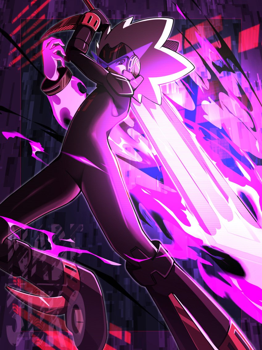 1boy, absurdres, black_bodysuit, bodysuit, commentary_request, dark_background, glowing, grey_hair
