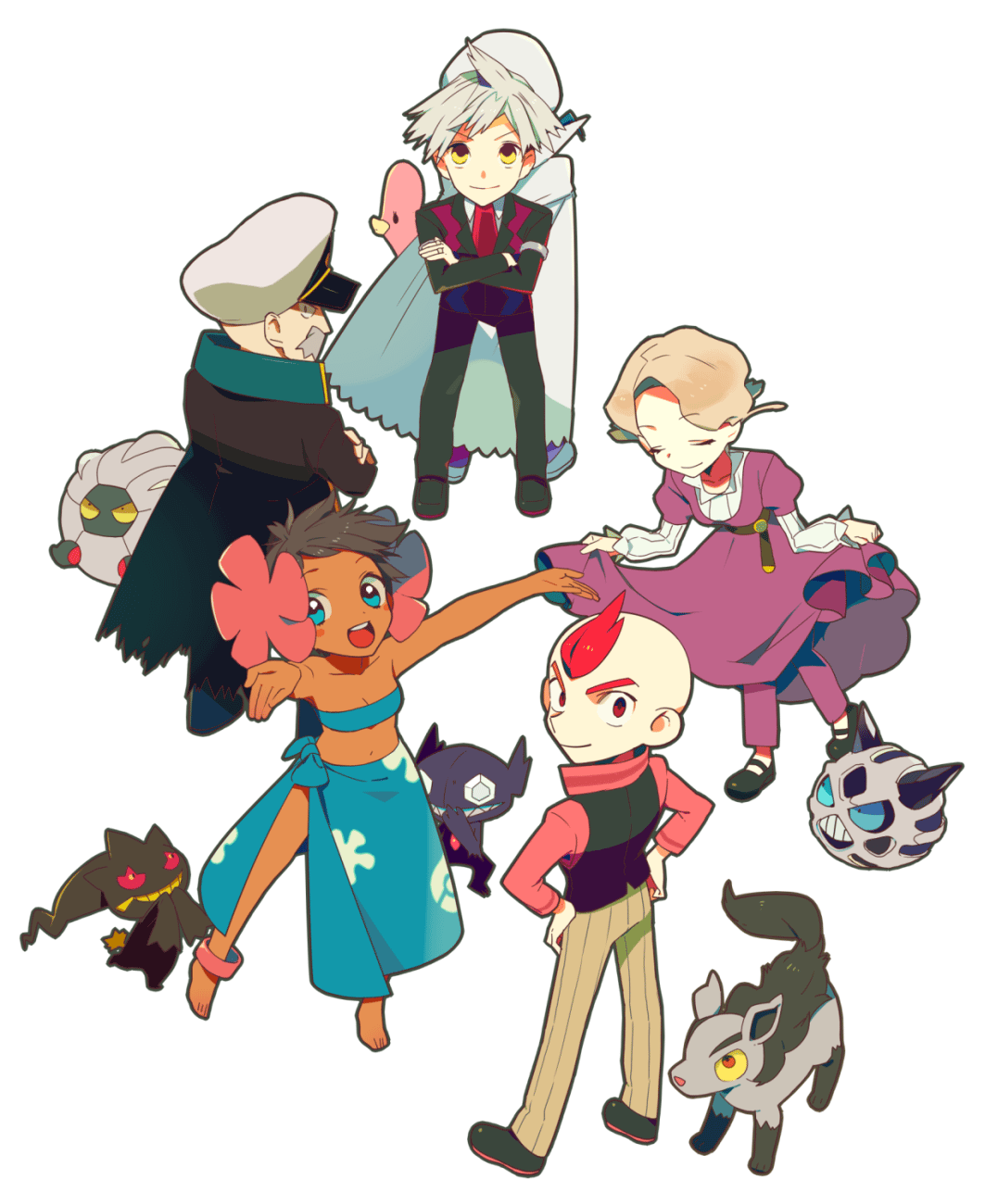 2girls, 4boys, alternate_costume, anklet, back-to-back, bad_anatomy, banette, barefoot