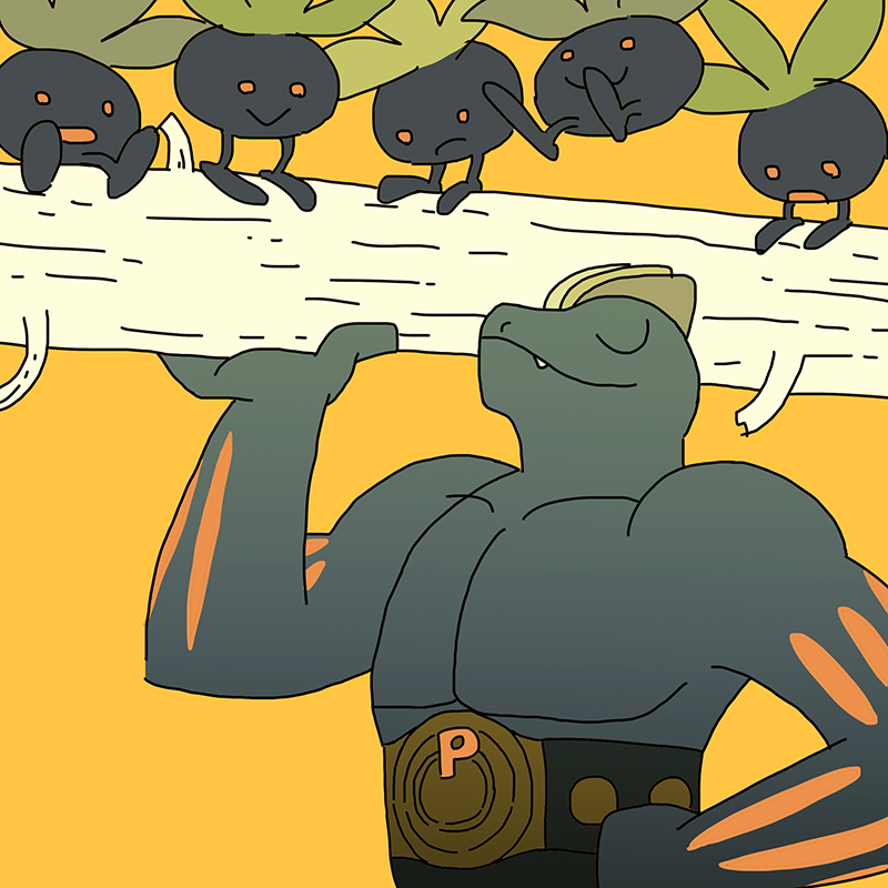 1other, closed_eyes, closed_mouth, commentary, fang, log, machoke, muscular
