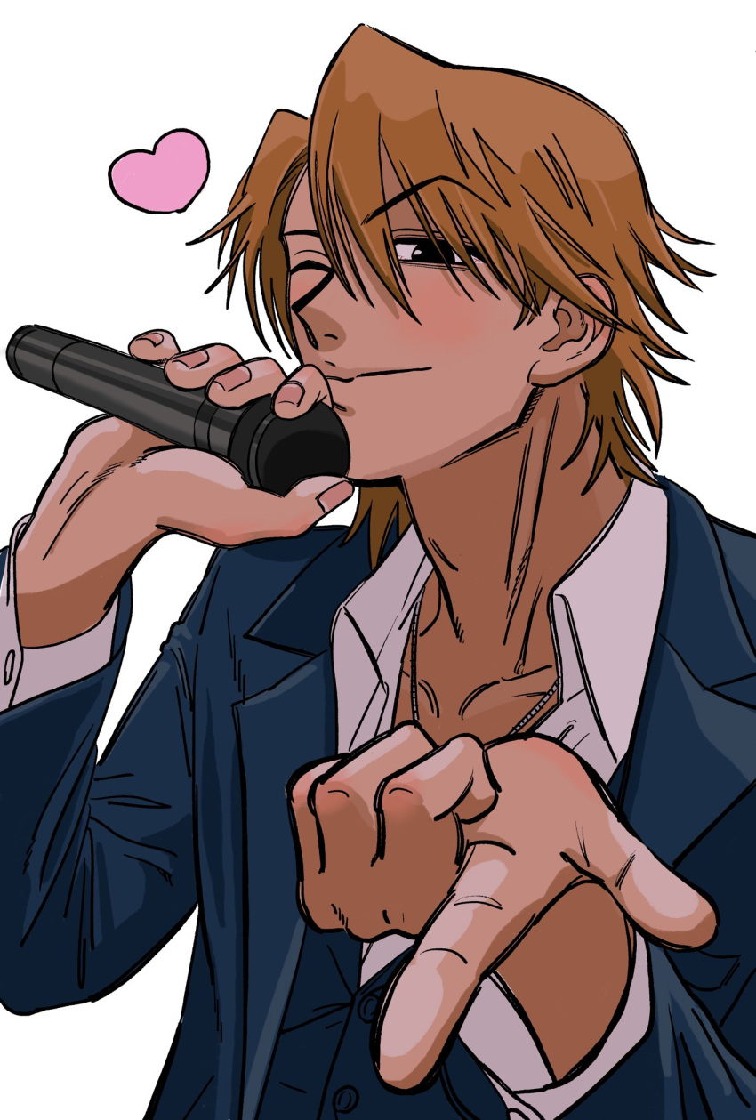 1boy, adam's_apple, black_eyes, blue_jacket, blue_vest, blush, brown_hair, collarbone