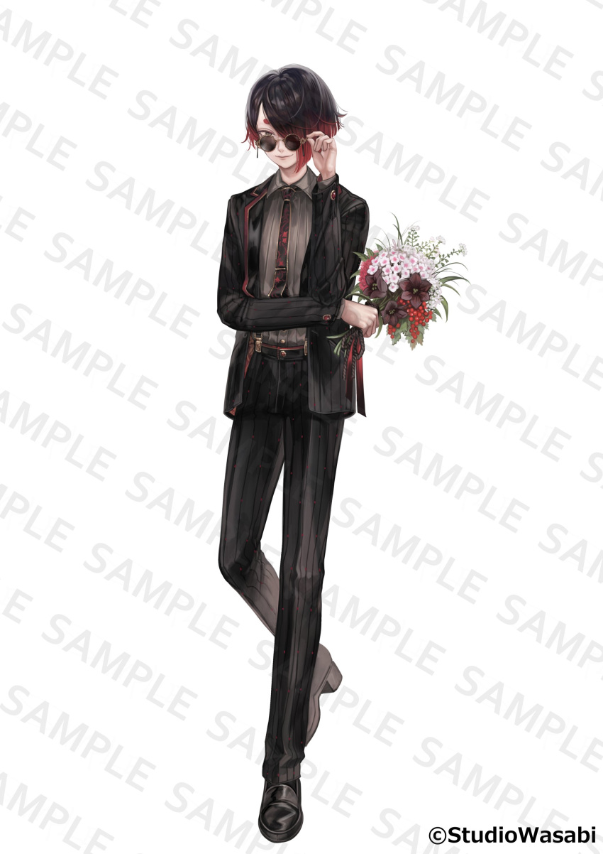 1boy, absurdres, adjusting_eyewear, akuma_shitsuji_to_kuroi_neko, alternate_costume, amaryllis_(flower), black_eyes, black_flower