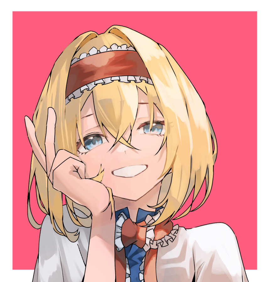 1girl, alice_margatroid, amateru, blonde_hair, blue_eyes, capelet, commentary, frilled_hairband