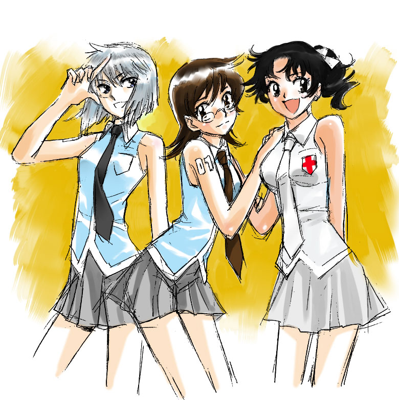 alternate_costume, bare_shoulders, black_hair, genderswap, glasses, hyoubu_kyousuke, minamoto_kouichi, multiple_girls
