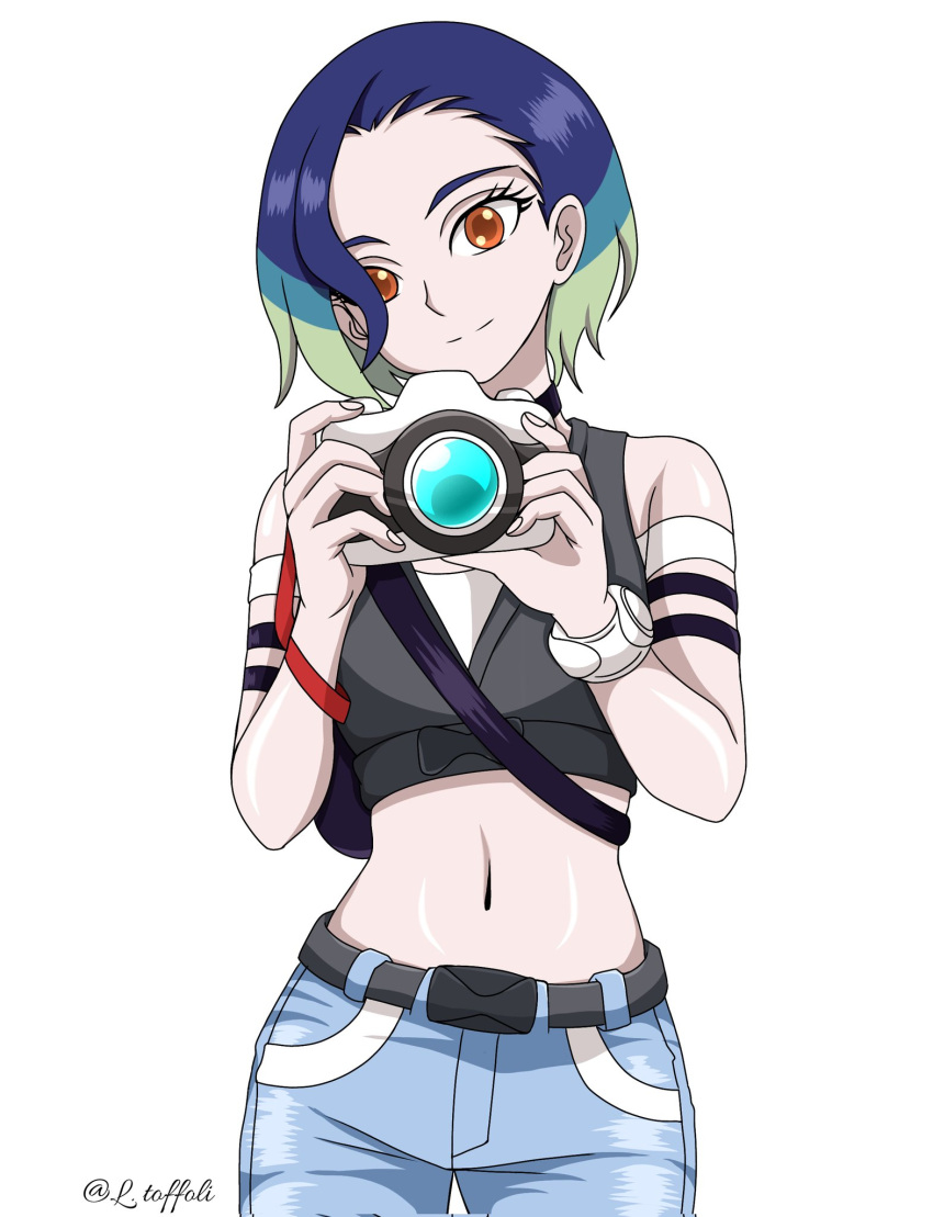 1girl, armband, bare_shoulders, black_armband, black_choker, blue_hair, bob_cut, brown_eyes, camera, choker, collarbone, corrupted_twitter_file, crop_top, denim, gradient_hair, grey_shirt, highres, holding, holding_camera, jeans, l_toffoli, loose_hair_strand, midriff, multicolored_hair, off-shoulder_shirt, off_shoulder, pants, perrin_(pokemon), photographer, pokemon, pokemon_scarlet_and_violet, ribbed_shirt, shirt, short_hair, sleeveless, sleeveless_shirt, solo, undershirt, v-neck, watch, watch