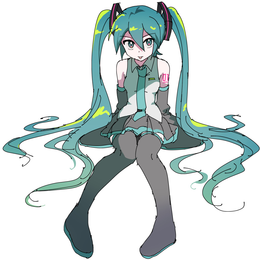 1girl, aqua_eyes, aqua_hair, aqua_necktie, arm_support, bare_shoulders, black_boots, black_skirt, boots, commentary, full_body, grey_shirt, hair_between_eyes, hatsune_miku, highres, long_hair, looking_at_viewer, necktie, number_tattoo, pleated_skirt, shirt, shoulder_tattoo, simple_background, sitting, skirt, sleeveless, sleeveless_shirt, sleeves_past_fingers, sleeves_past_wrists, solo, tattoo, thigh_boots, tome_(tome4521), tongue, tongue_out, twintails, vocaloid, white_background