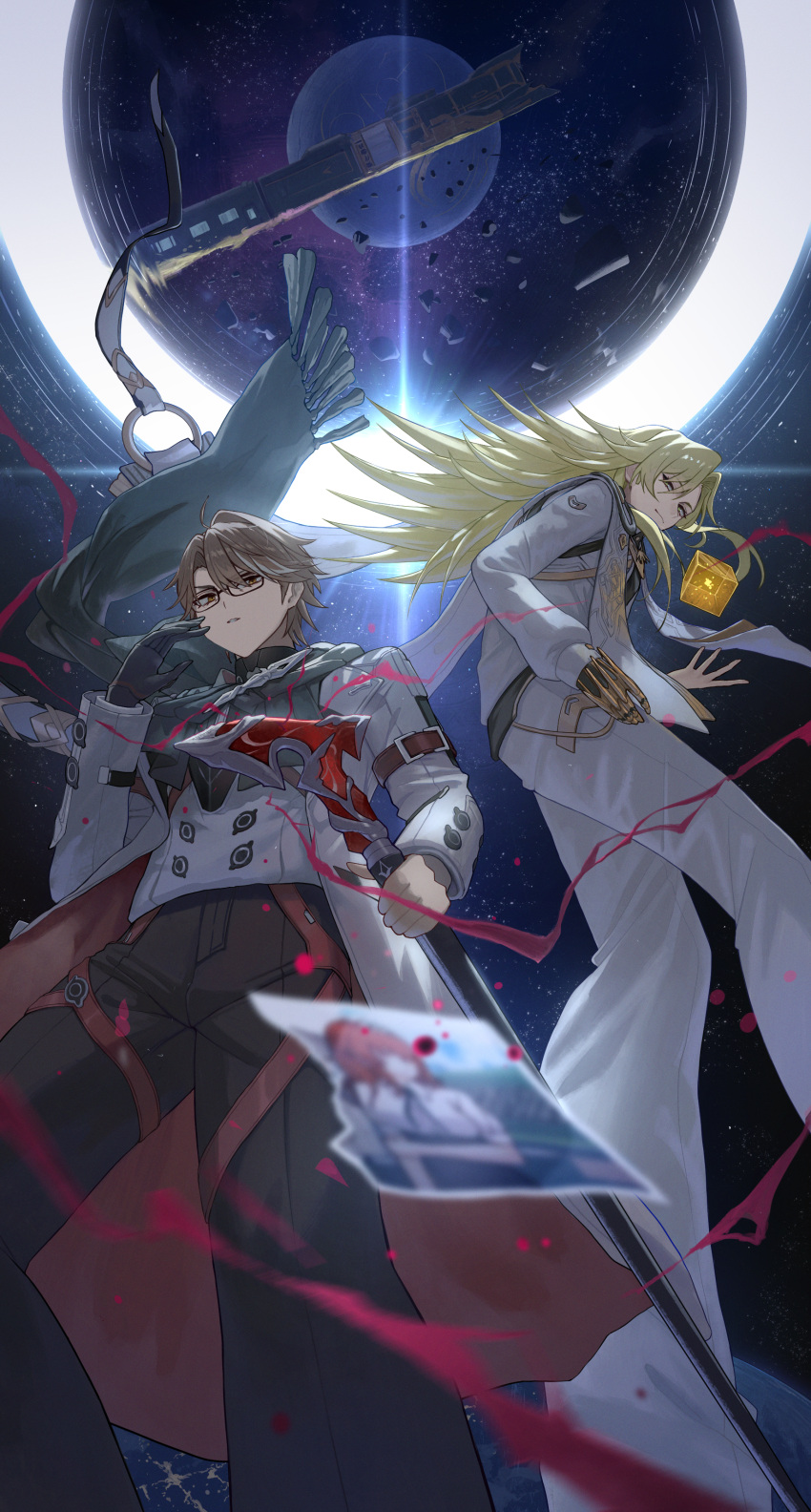 2boys, absurdres, astral_express_(honkai:_star_rail), black_gloves, blonde_hair, brown_eyes, brown_hair, brown_pants