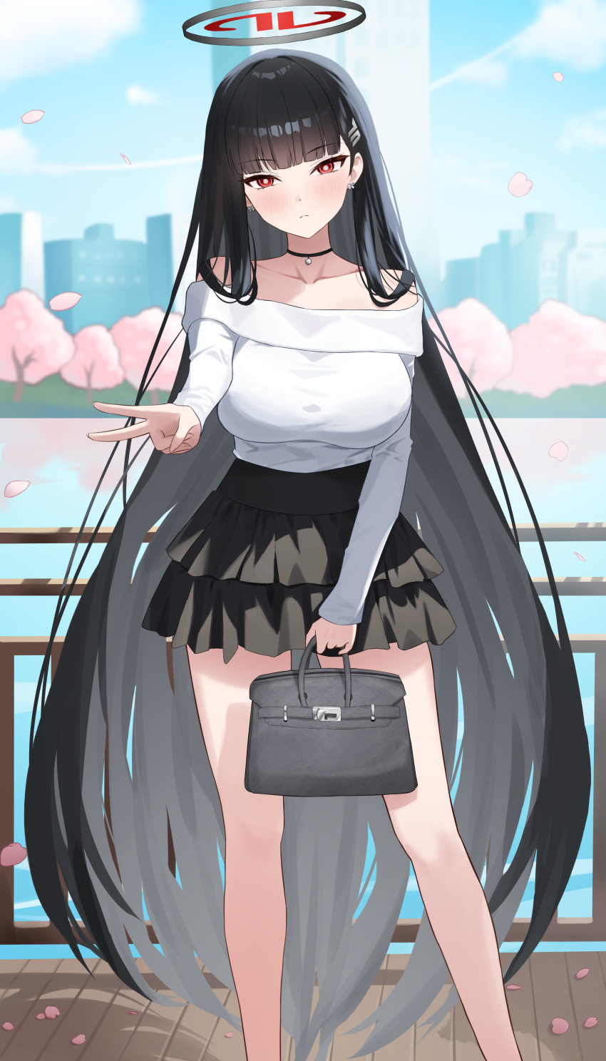 1girl, absurdres, bag, bare_shoulders, black_hair, black_halo, black_skirt, blue_archive