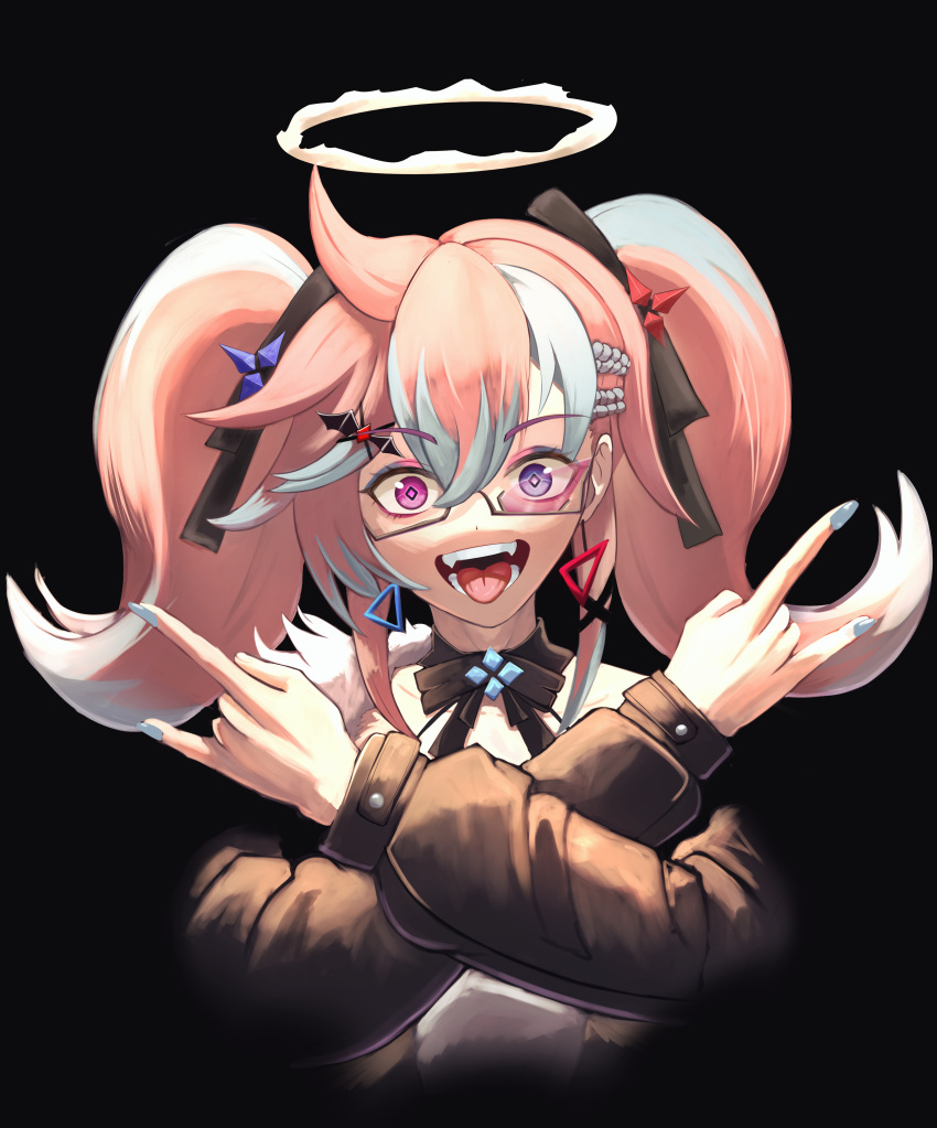 1girl, absurdres, black_background, blue_hair, blue_nails, bow, commentary_request, dress